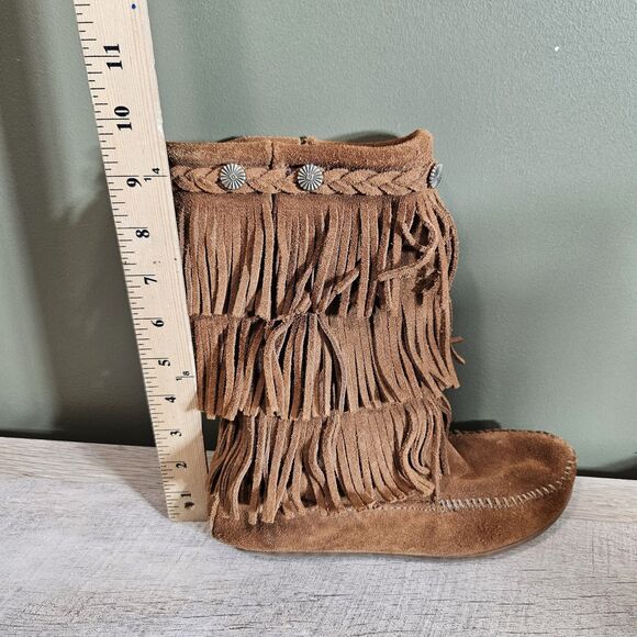 Minnetonka Womens 3 Brown Rust Suede Leather Fringe 3 Layer Tall Boots Moccasin - Picture 8 of 12